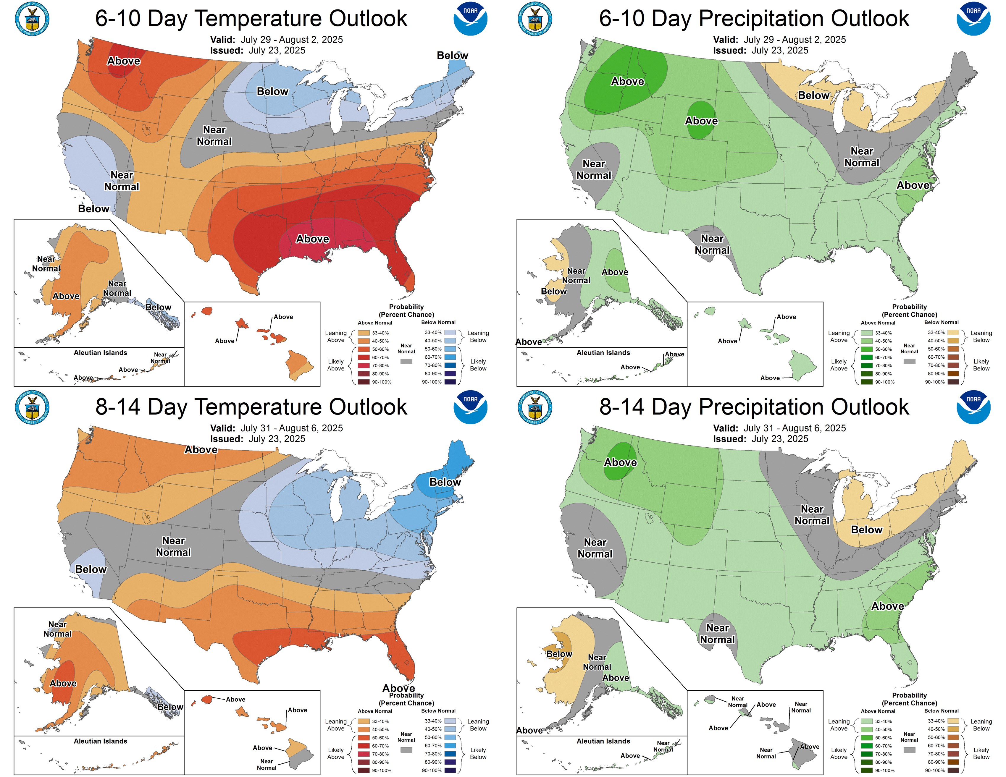 NOAA 4-panel outlook maps show U.S. temperature and precipitation forecasts issued July 23, 2025. For July 29&ndash;Aug 2, much of the central and eastern U.S. is warmer than normal; precipitation is above normal in the northern Plains and Southeast. For July 31&ndash;Aug 6, heat continues in the South and West, cooler in the Midwest; precipitation above normal in the West, Southeast, and Great Lakes, below normal in the Northeast.